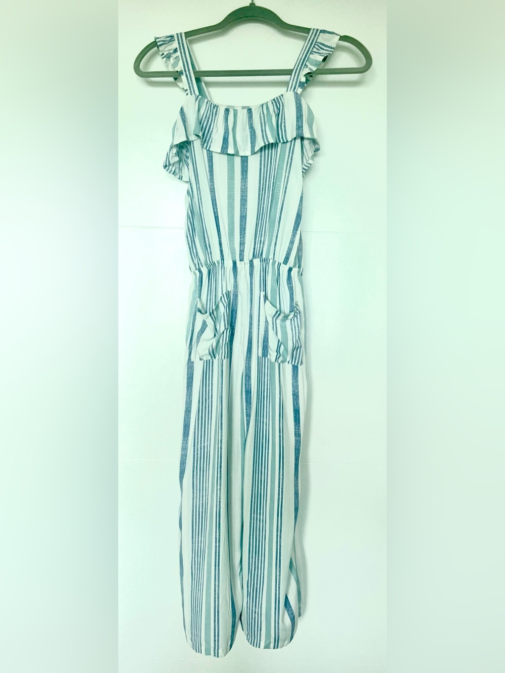 Btween Girls Striped Jumpsuit Size 10 Green Blue Ruffle Wide Leg Worn Once